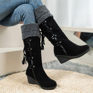 Damen Stiefel Wedge Kuschelig Schnürsenkel Hochzeitsschuhe - BerlinGlamour