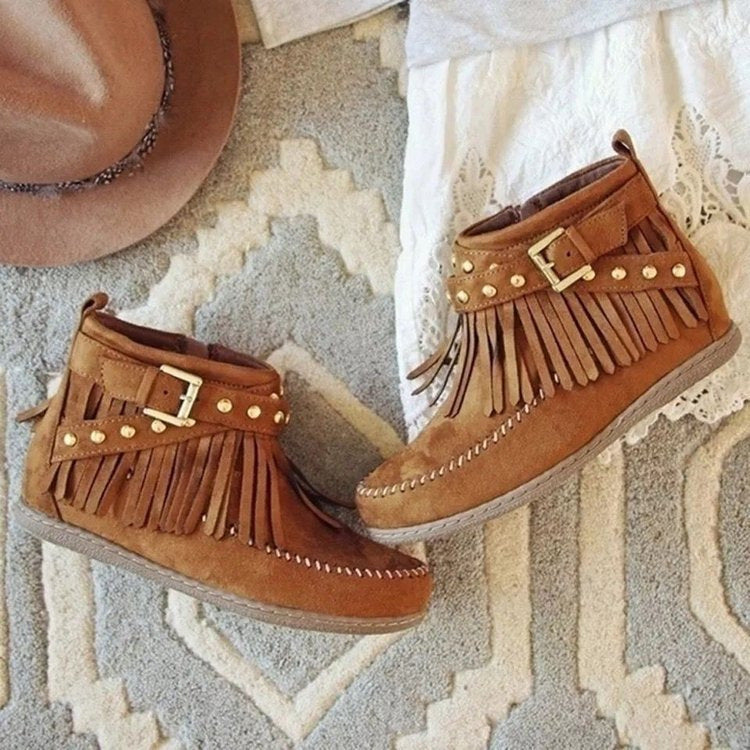 Damen Stiefeletten Mokassin Fransen Nieten Modern Schuhe