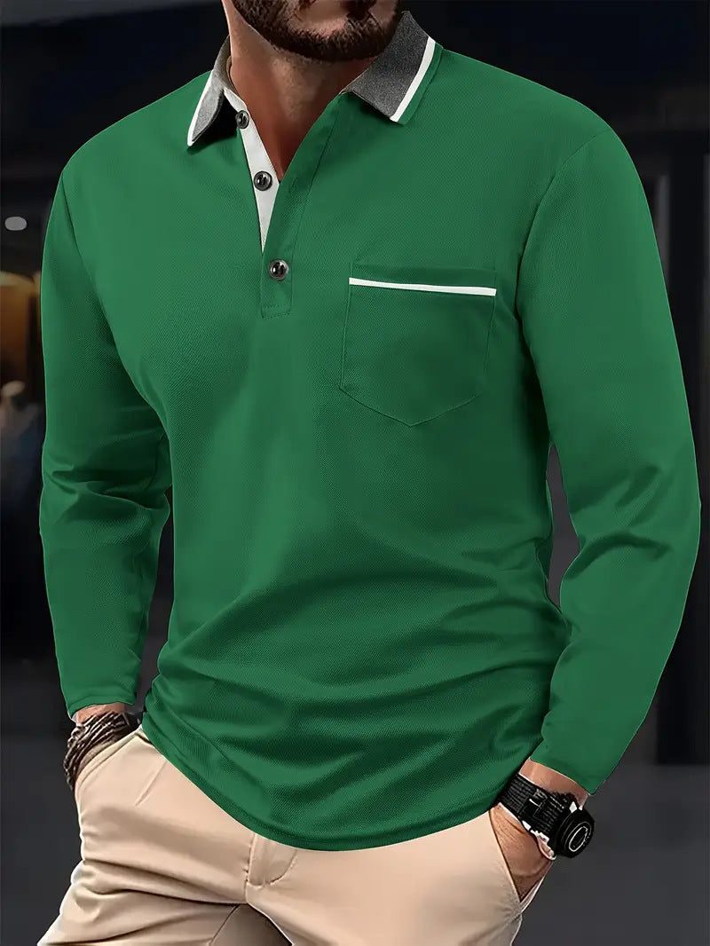 Herren Poloshirt Langarm Strukturiert Kragen Tasche Modern