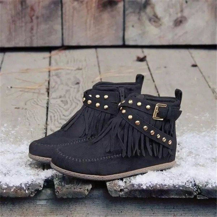 Damen Stiefeletten Mokassin Fransen Nieten Modern Schuhe