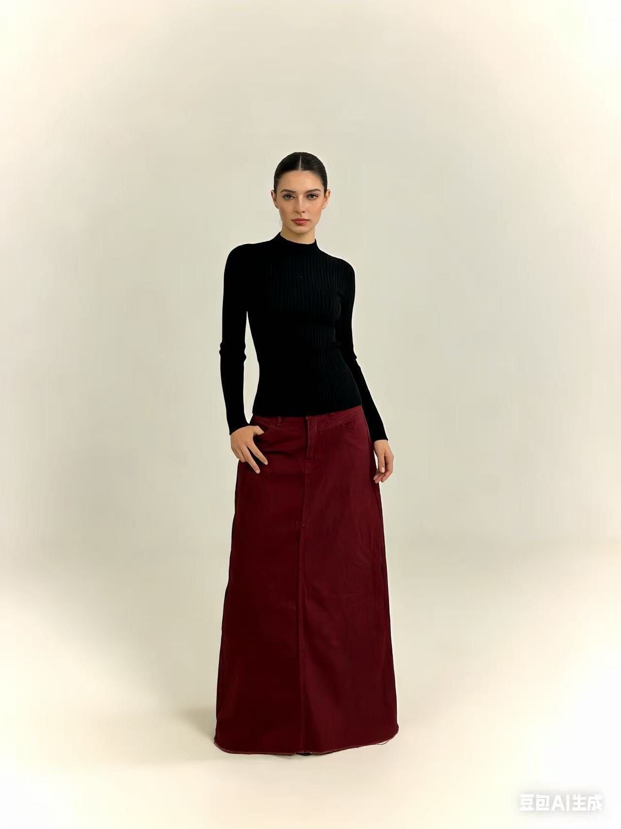 Damen Maxi-Rock Jeans Hochwerder mit Fransen