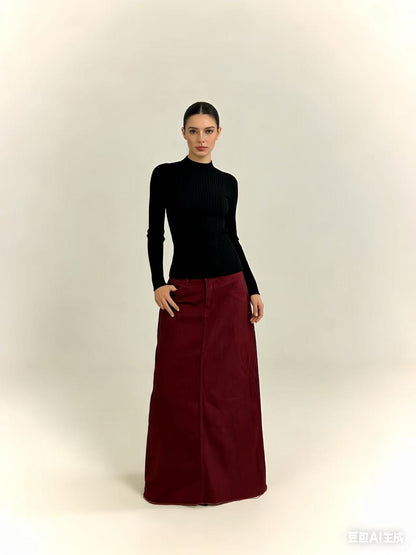 Damen Maxi-Rock Jeans Hochwerder mit Fransen