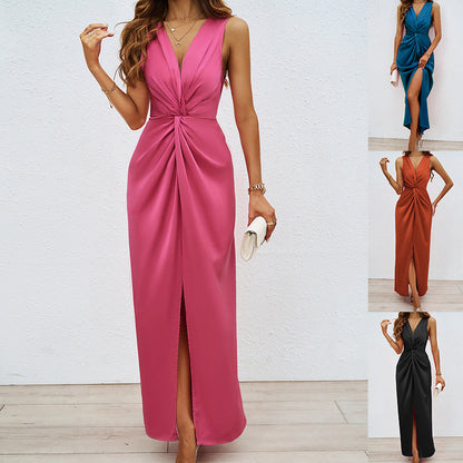 Damen Maxikleid Elegent V-Ausschnitt Schwingend Saum Lang
