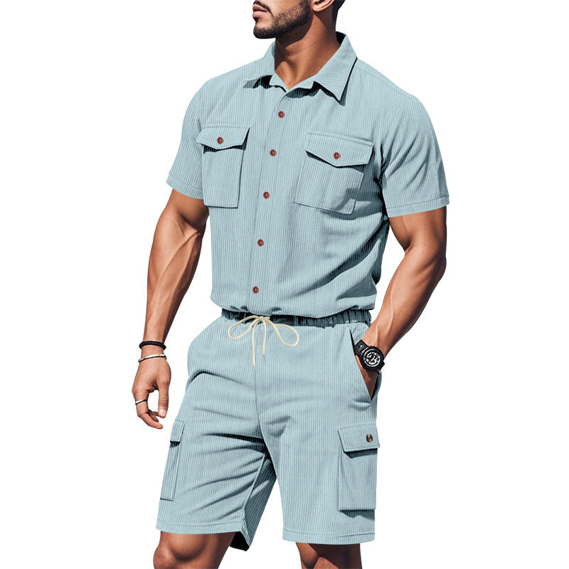 Herren Kurzarmhemd mit Cargo-Shorts Set Sommer