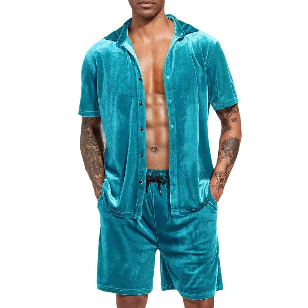 Herren Samt Hemd Shorts Set Luxus Sommer