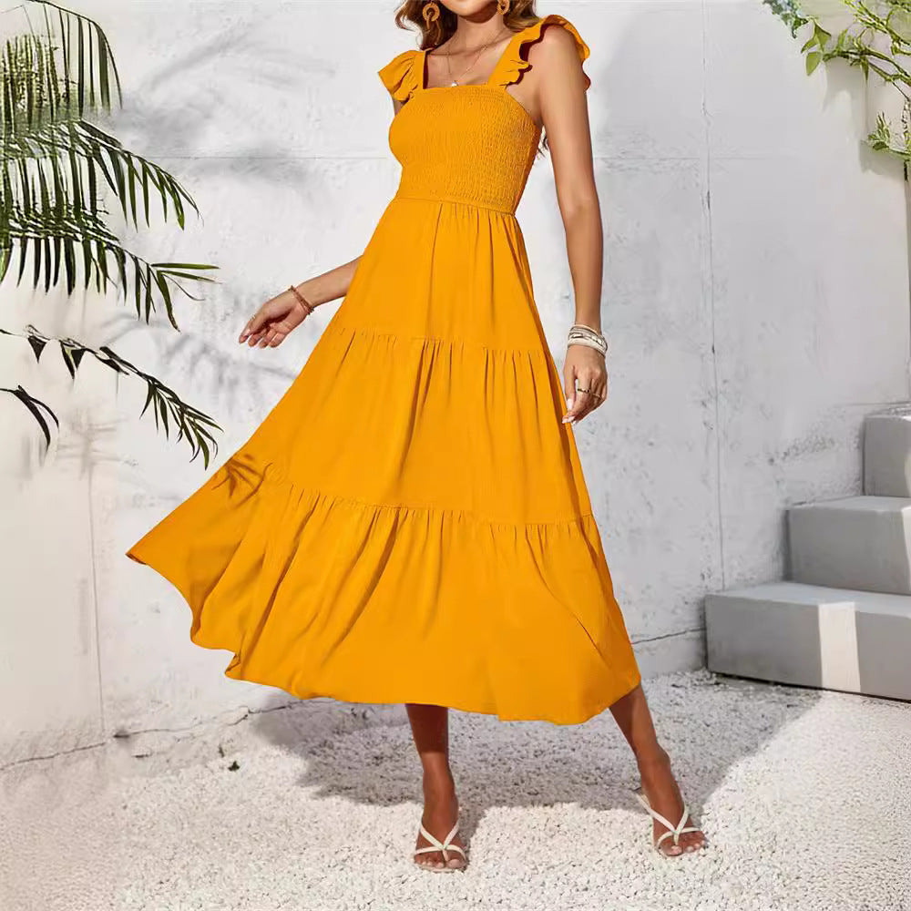 Damen Maxikleid Sommerlich Rüschenkleid Elegant Lang