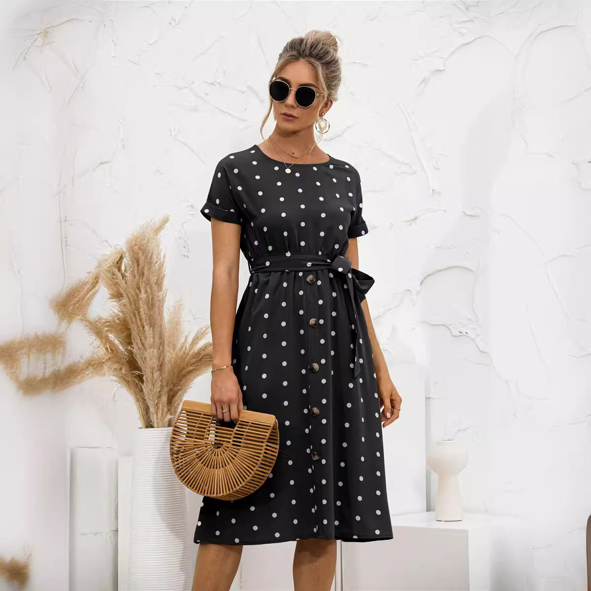 Damen Kleid mit Knöpfen Modernes Punkte-Design Schwarz