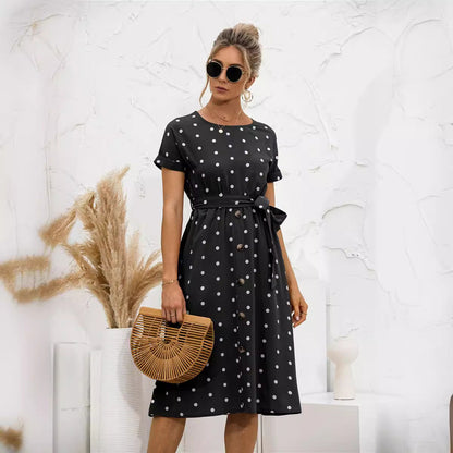 Damen Kleid mit Knöpfen Modernes Punkte-Design Schwarz