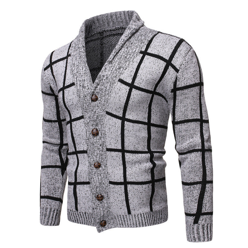 Herren Strickjacke Modern V-Ausschnitt Karomuster Schwarz