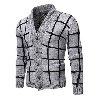 Herren Strickjacke Modern V-Ausschnitt Karomuster Schwarz