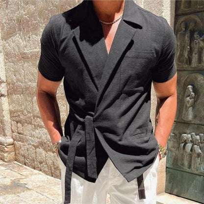 Herren Leinenhemd Wickel Optik Elegant Sommer