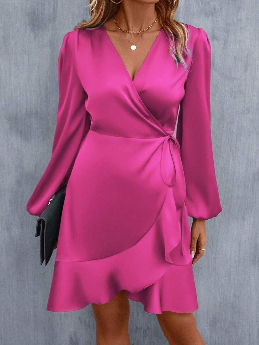 Satin Kleid V-Ausschnitt Lässig Midi Damenkleid Elegant