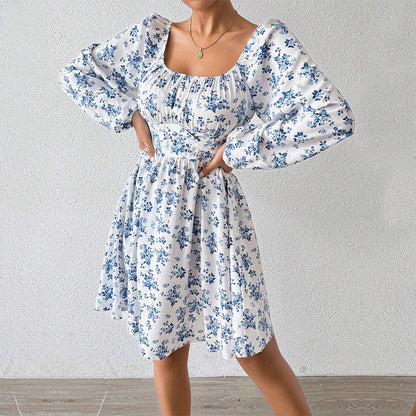 Damen Kleid Blumenmuster Elegant Raffung Langärmlig Sommer