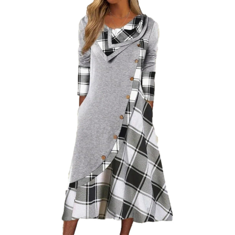 Langarmkleid mit Plaid Muster und Knopfverschluss - BerlinGlamour