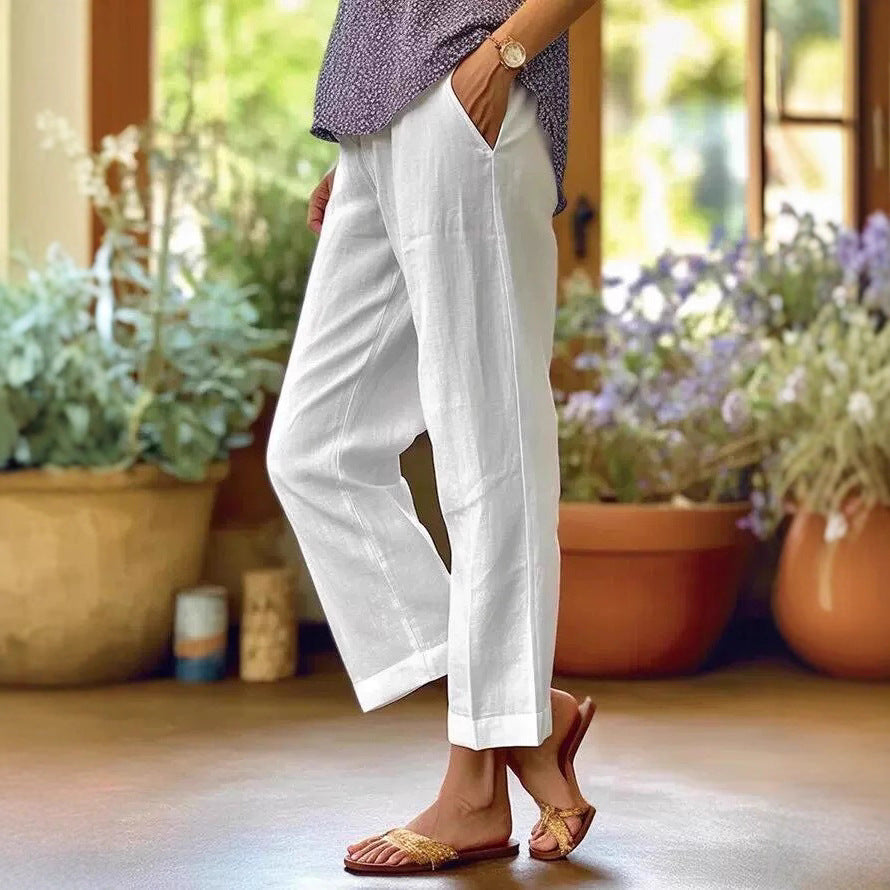 Damen Leinenhose Weit Bequem Mit Taschen - BerlinGlamour