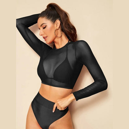 Damen Sport-Bikini-Set Hoch taille Langarm Oberteil