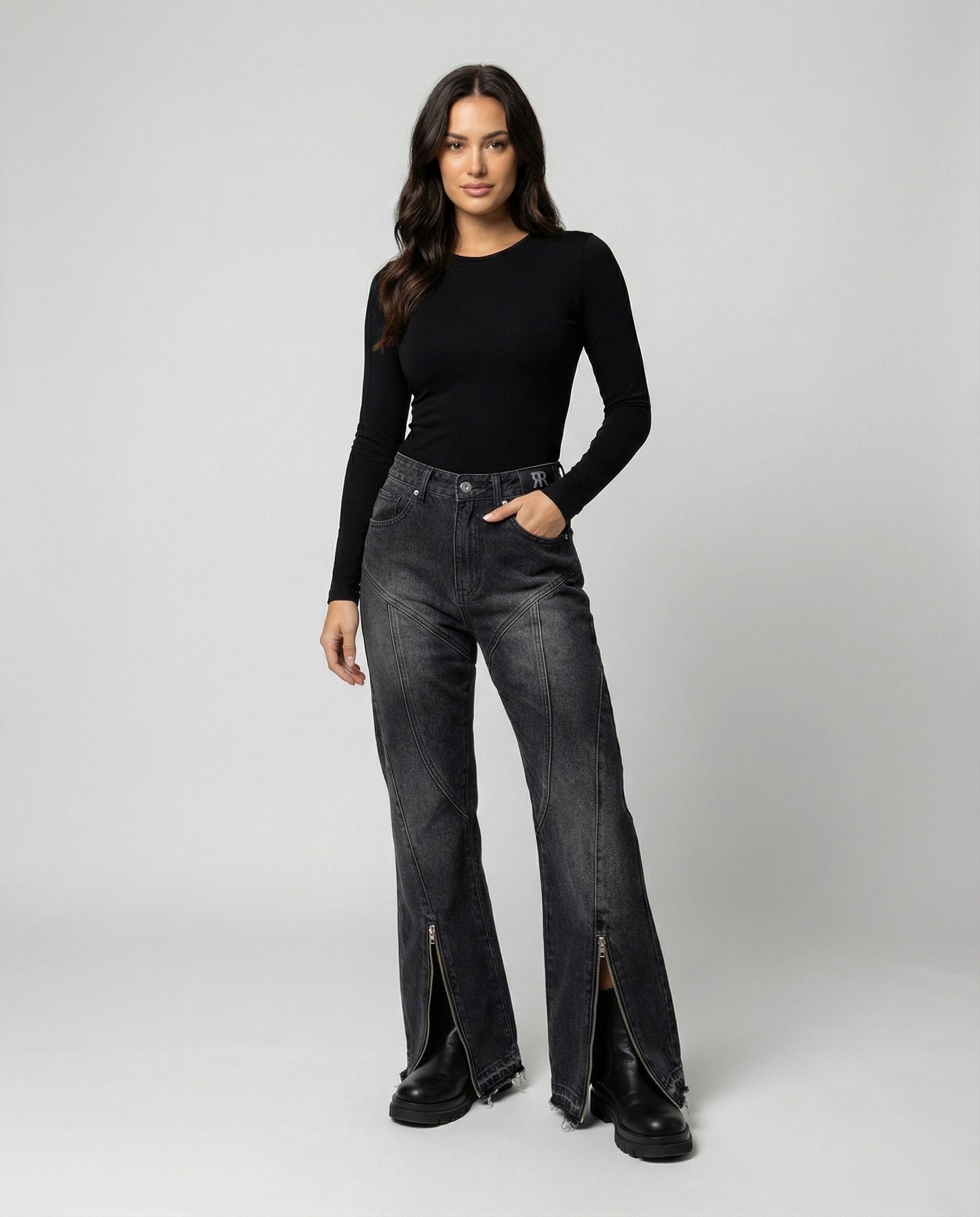 Graue Jeans Micro-Flare mit Reißverschluss