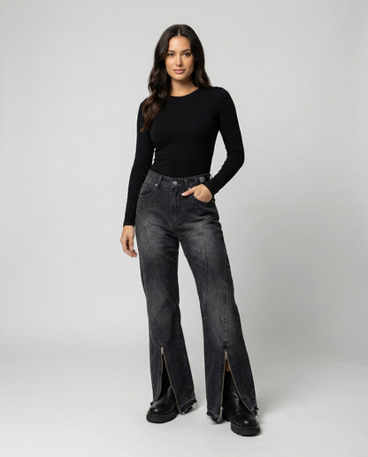 Graue Jeans Micro-Flare mit Reißverschluss