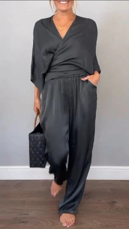 Damen Hosenanzug Elegant Bequem Satin Schwarz