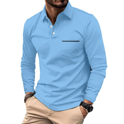 Herren Poloshirt Langarm Stehkragen mit Brusttasche Modern