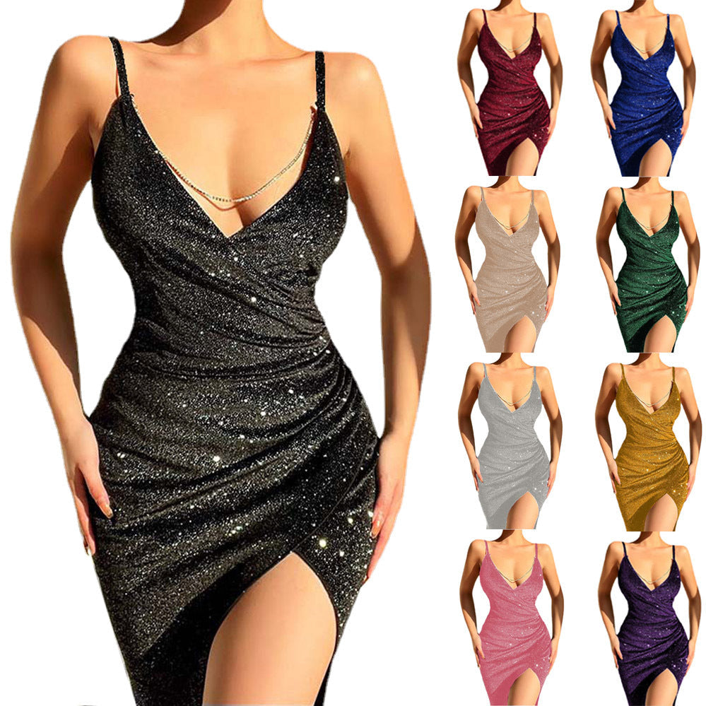 Glamouröses Damen Wickelkleid Hochgeschlitzt Glitzernd - BerlinGlamour