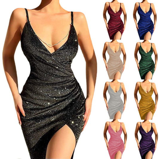 Glamouröses Damen Wickelkleid Hochgeschlitzt Glitzernd - BerlinGlamour