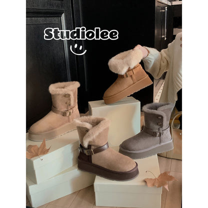 Damen Stiefel Booties mit Weichem Fellkragen Schnallenverschluss - BerlinGlamour