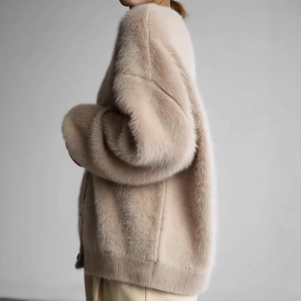 Damen Strickjacke Flauschig V-Ausschnitt Große Knöpfe