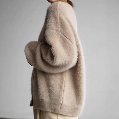 Damen Strickjacke Flauschig V-Ausschnitt Große Knöpfe