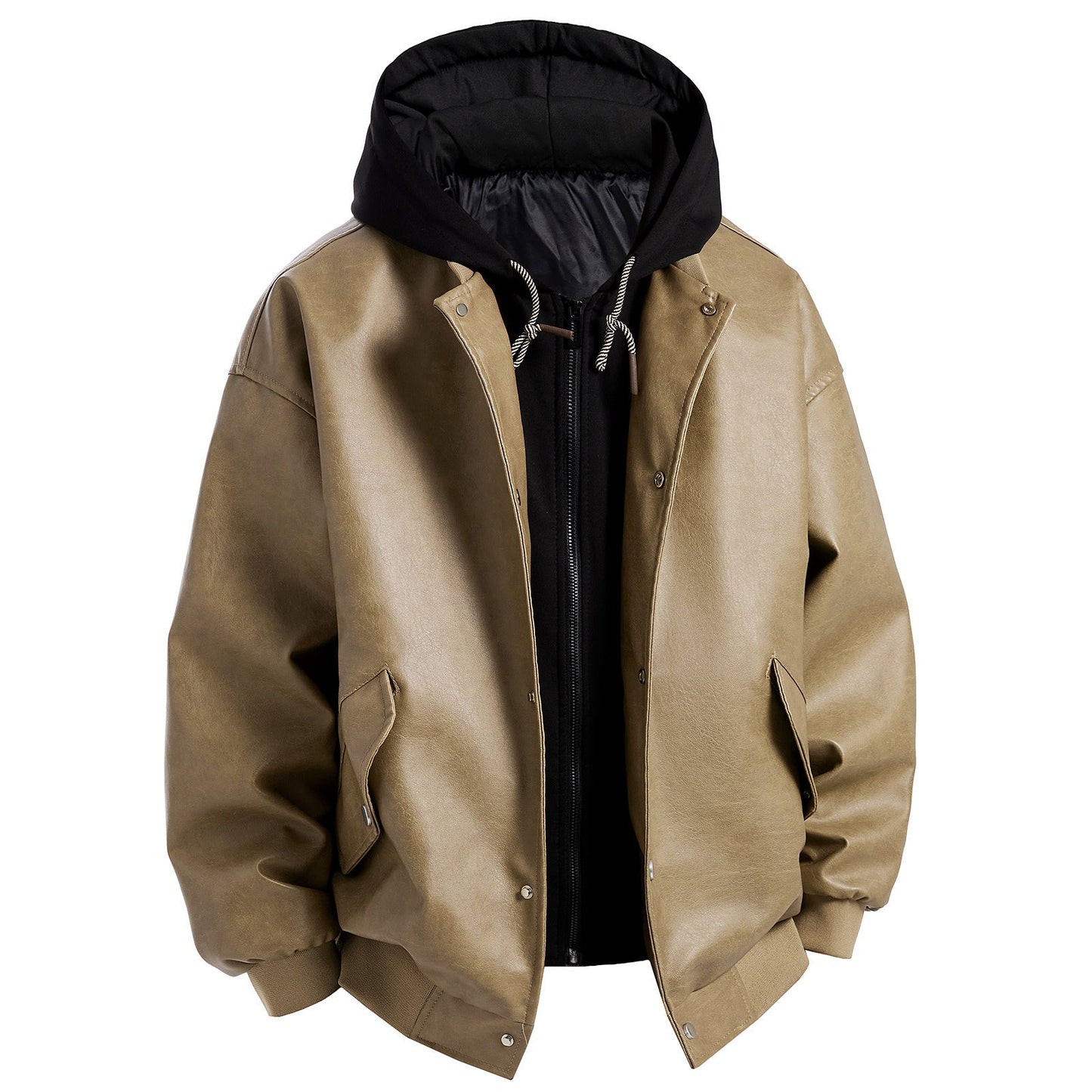 Herren Lederjacke Oversized Kapuze Abnehmbar Modern