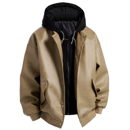 Herren Lederjacke Oversized Kapuze Abnehmbar Modern