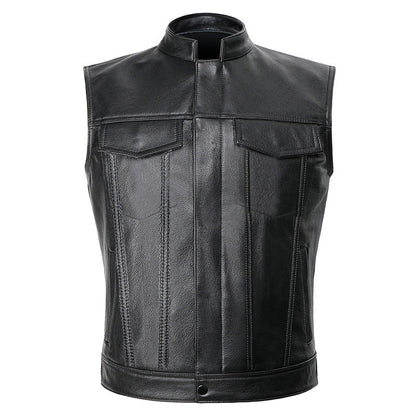 Herren Lederjacke Motorrad Weste Modern mit Taschen Schwarz - BerlinGlamour