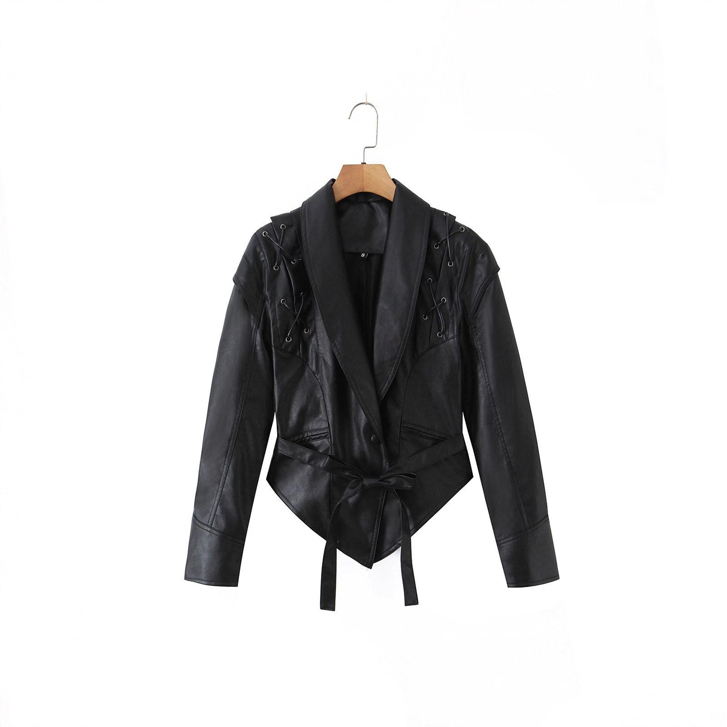 Damen Lederblazer Schnürung Modern Schwarz