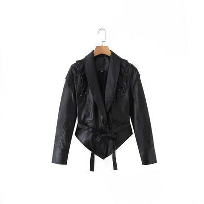 Damen Lederblazer Schnürung Modern Schwarz
