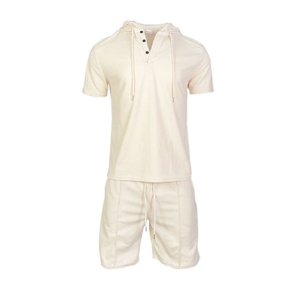 Herren Sport-Outfit Kurzarm Henley mit Kapuze und Shorts