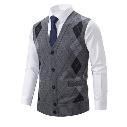 Herren Strickweste Karomuster Modern Schwarz