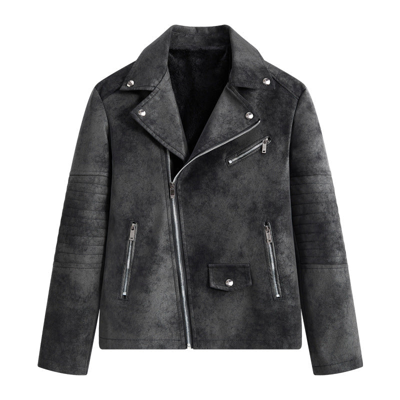 Herren Lederjacke Biker Style Reißverschluss Taschen Schwarz
