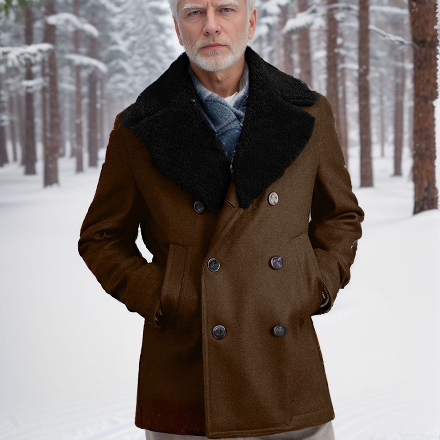 Herren Wollmantel Schwarz Gefüttert Warm