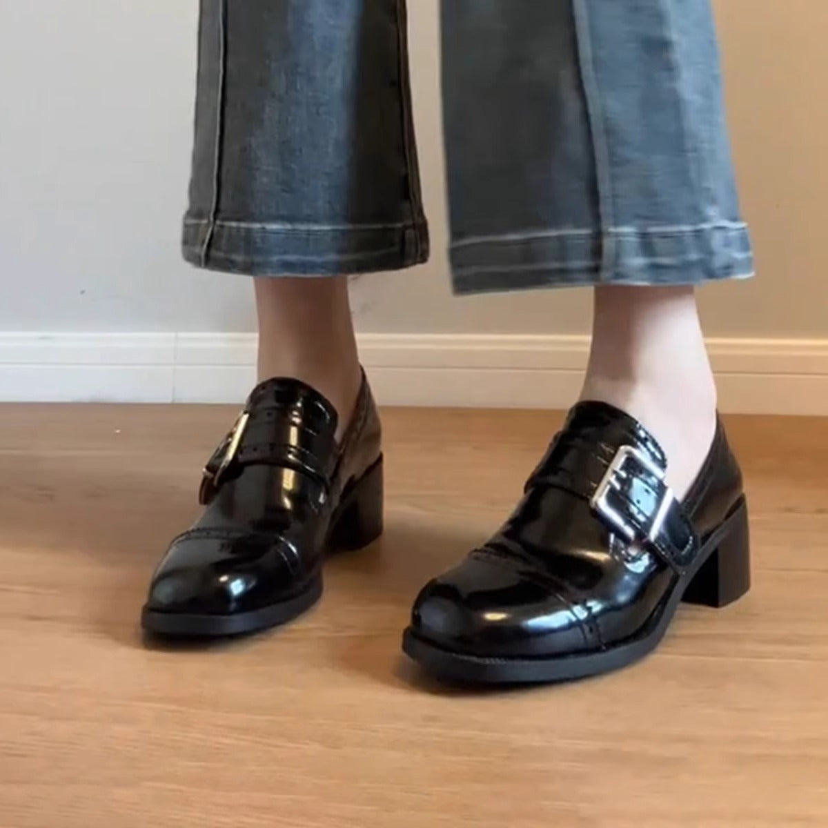 Damen Schnürschuhe Elegant Schnalle Detail Schwarz