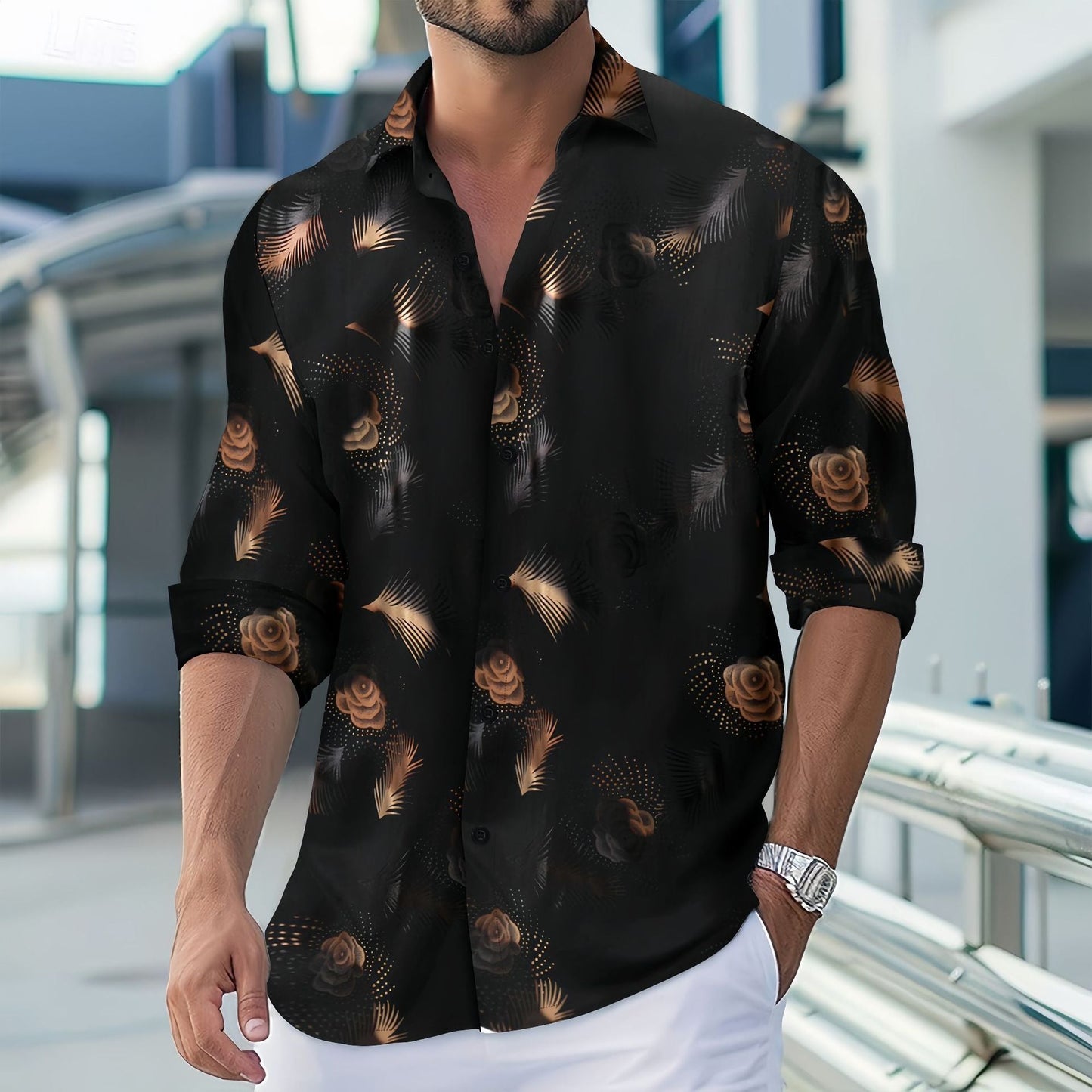 Herren Langarmshirt Blumenmuster Atmungsaktiv Modern - BerlinGlamour