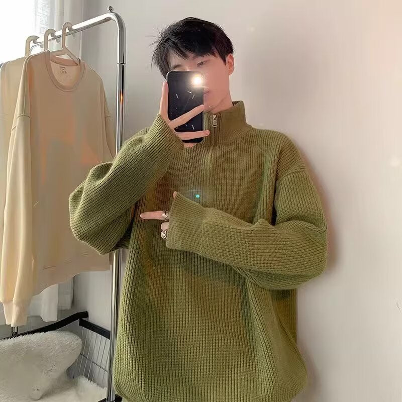 Herren Pullover Stehkragen Reißverschluss Grobstrick Modern