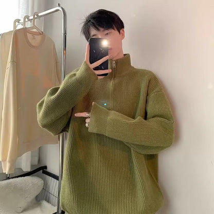 Herren Pullover Stehkragen Reißverschluss Grobstrick Modern