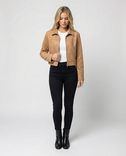 Lederjacke Damen Kurz Wildleder Optik Schnellverschluss