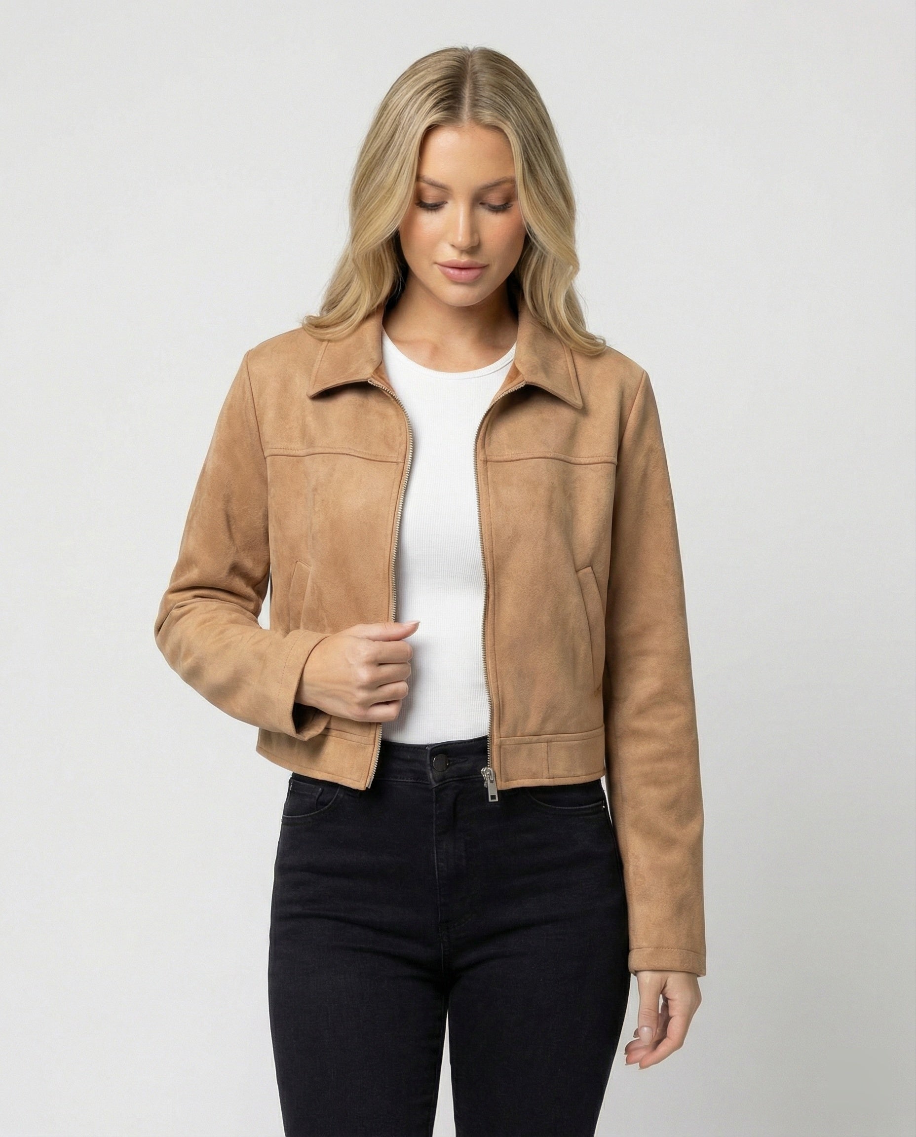 Lederjacke Damen Kurz Wildleder Optik Schnellverschluss - BerlinGlamour