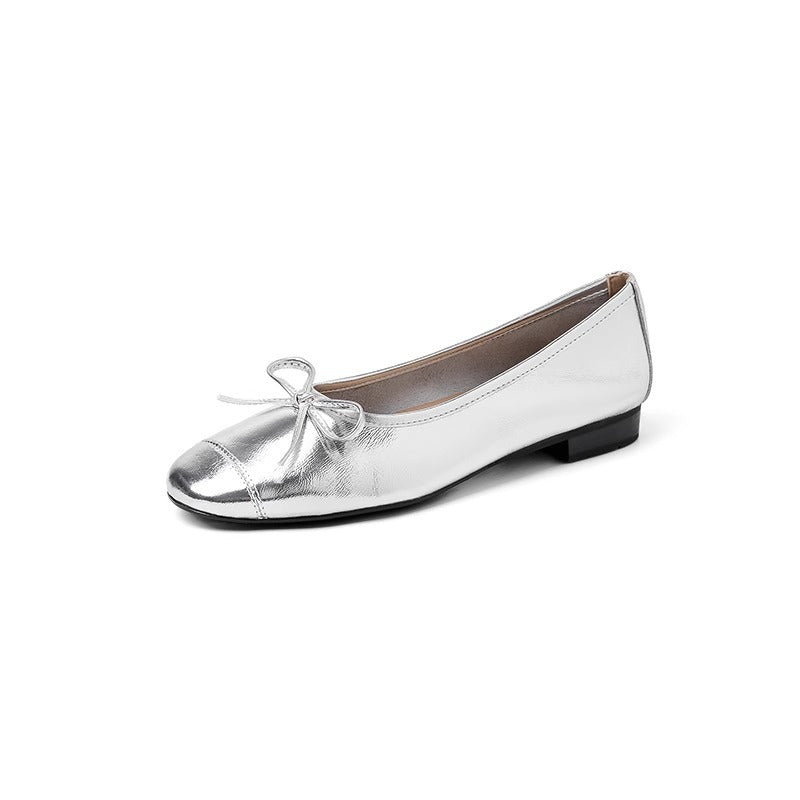 Damen Ballerinas Metallic Leder Schleife Elegant