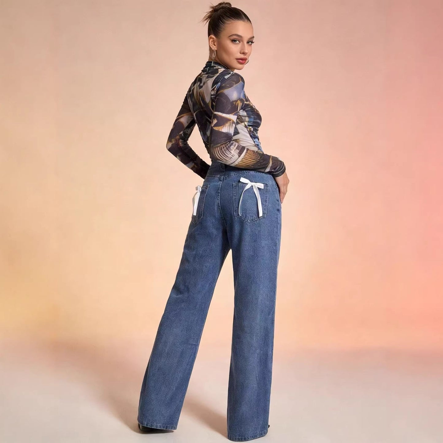 Damen High-Waist Jeans Weite Bequem Lässig