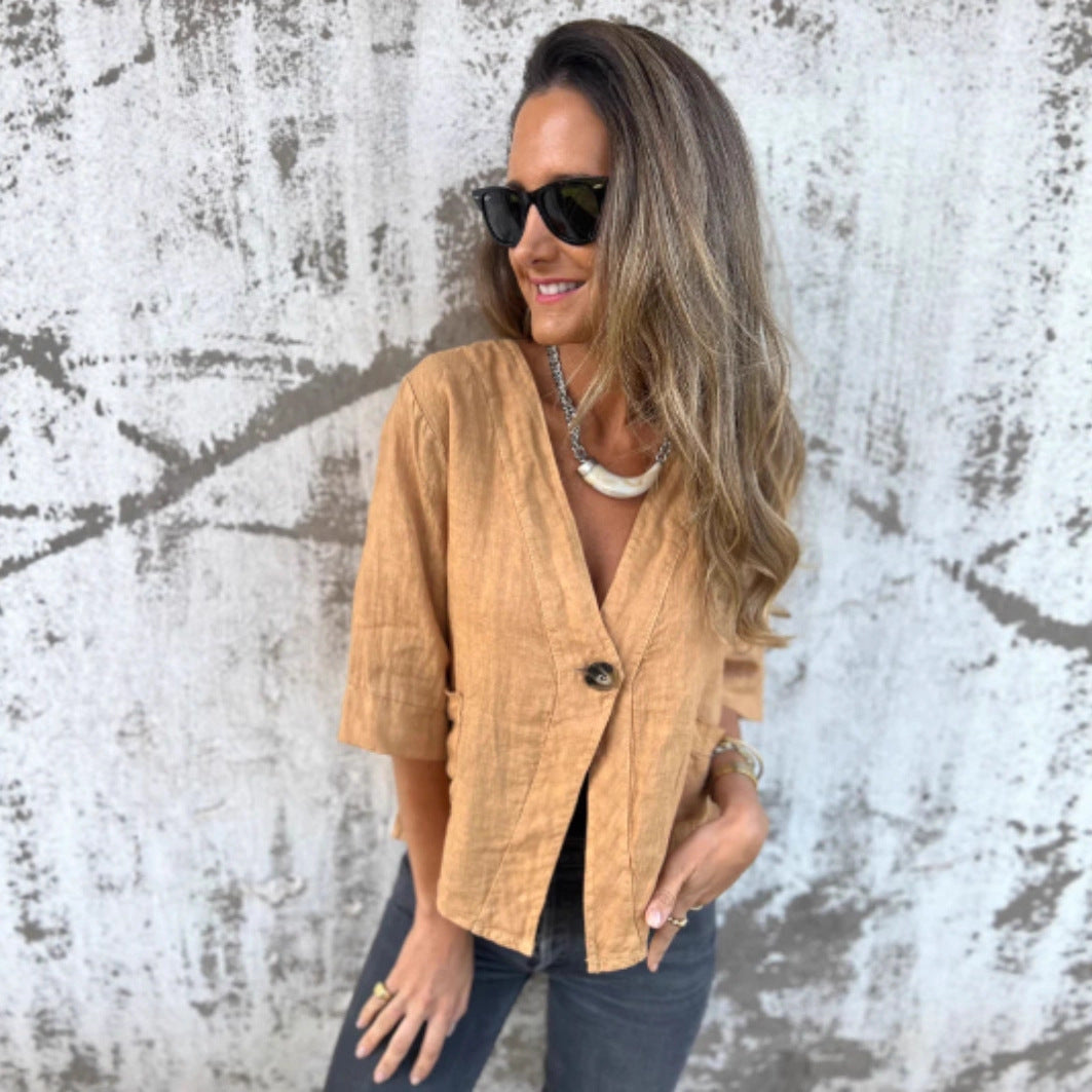 Damen Leinenblazer Kurzarm Leicht Modern