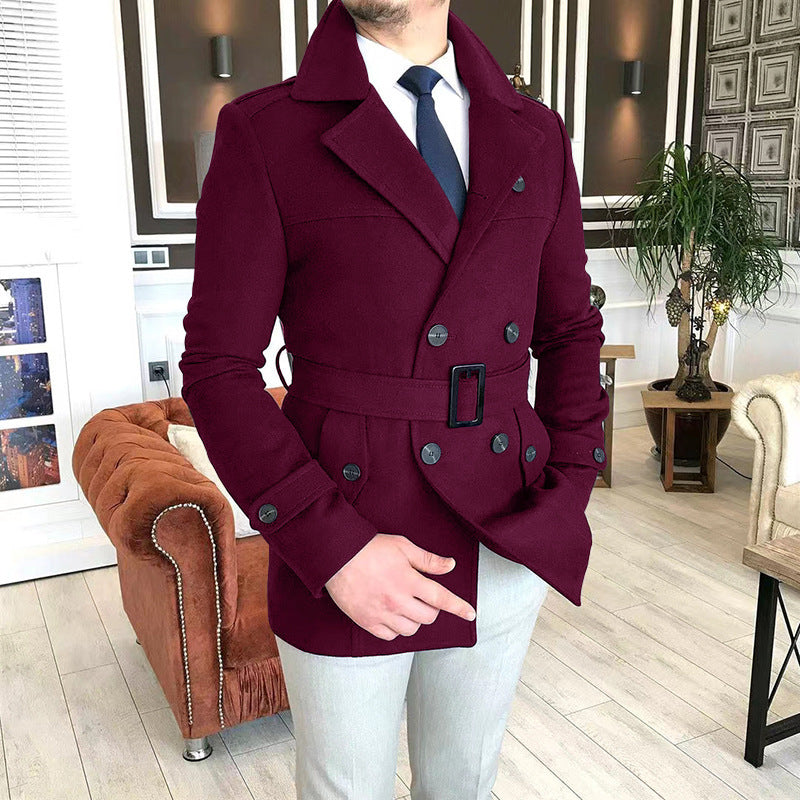 Herren Mantel Elegant Melton mit Gürtel Schwarz Modern