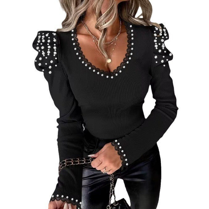 Damen Oberteil Rüschensaum Dekor Perlen Damenbluse Elegant