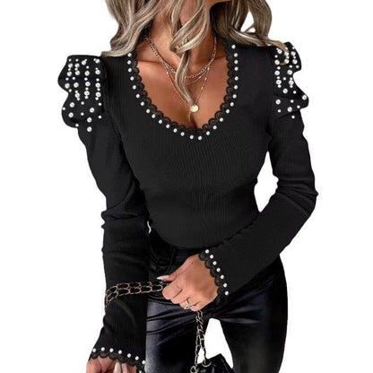 Damen Oberteil Rüschensaum Dekor Perlen Damenbluse Elegant